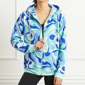 Hill House Allie Zip Up Hoodie Ocean Blue Fleece Swirl Print Pocket Jacket Sz L